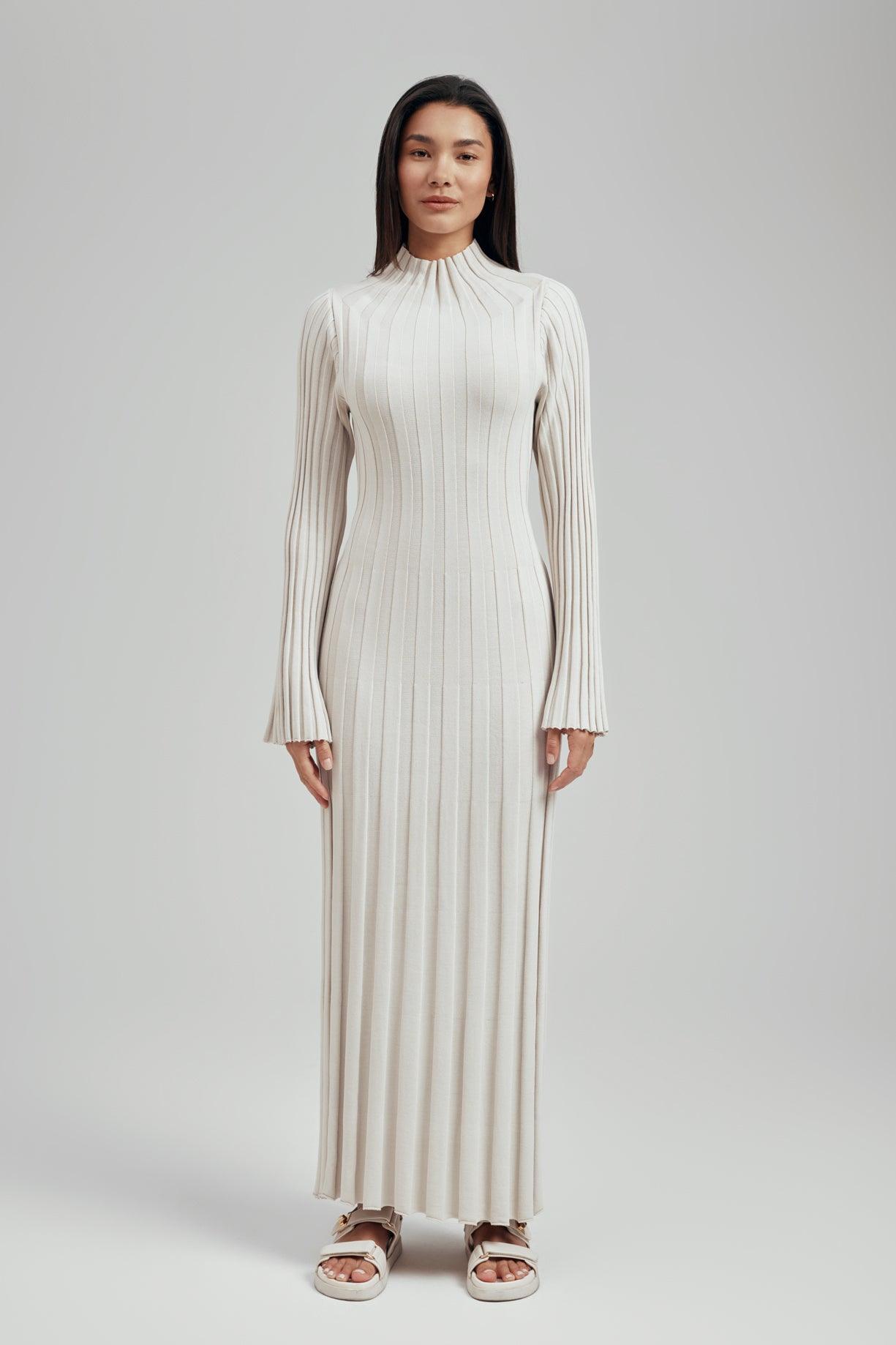 Maxi Ribbed Knit Dress Beige Rib Knit Piquet Hem Maxi Dress Knitwear PLT Maxi Ribbed Knit Dress Beige Rib Knit Piquet Hem Maxi Dress Knitwear PLT
