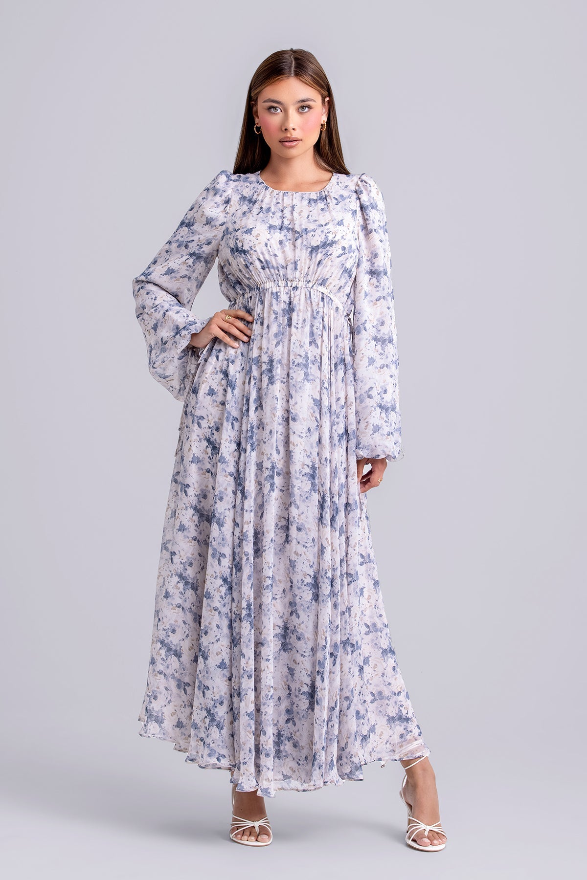 Lara Floral Long Sleeve Maxi Dress- Indigo Boquet – Zahraa