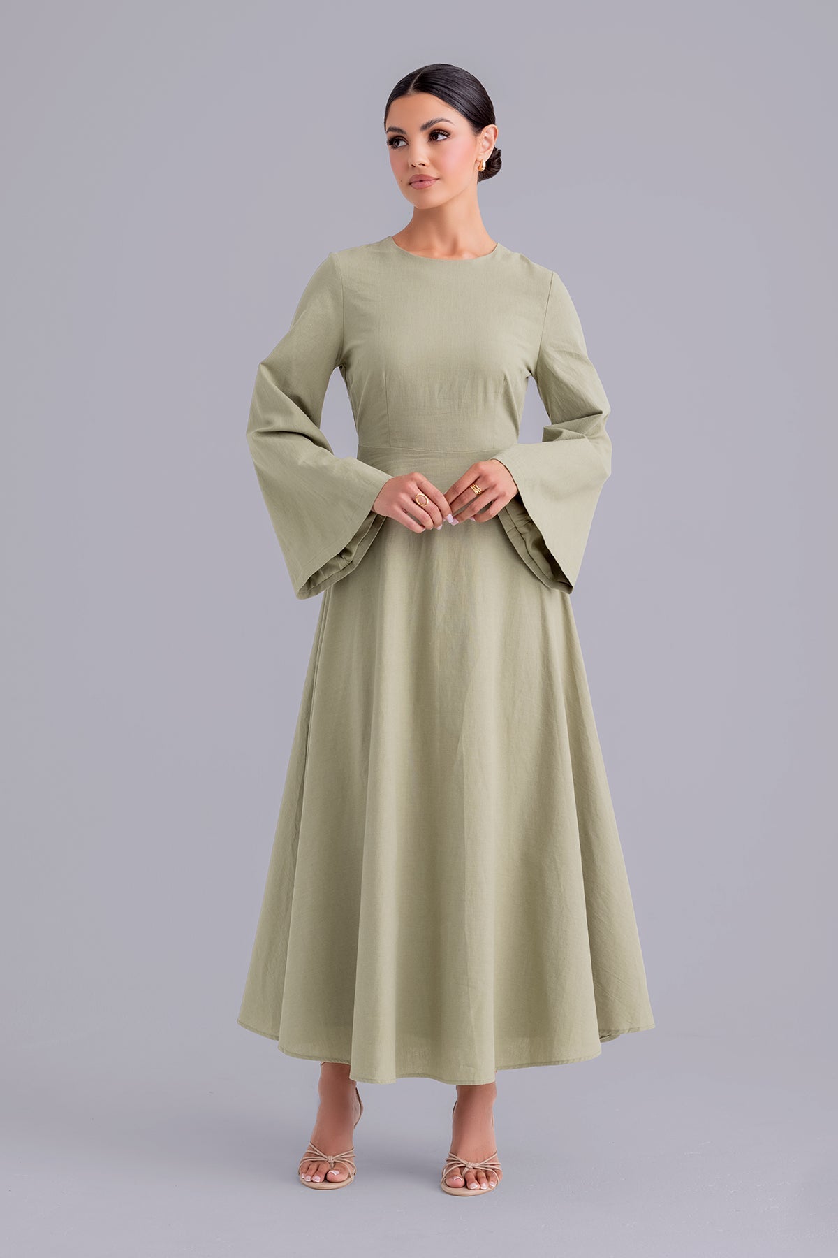 Yasamine Long Sleeve Linen Dress - Sage