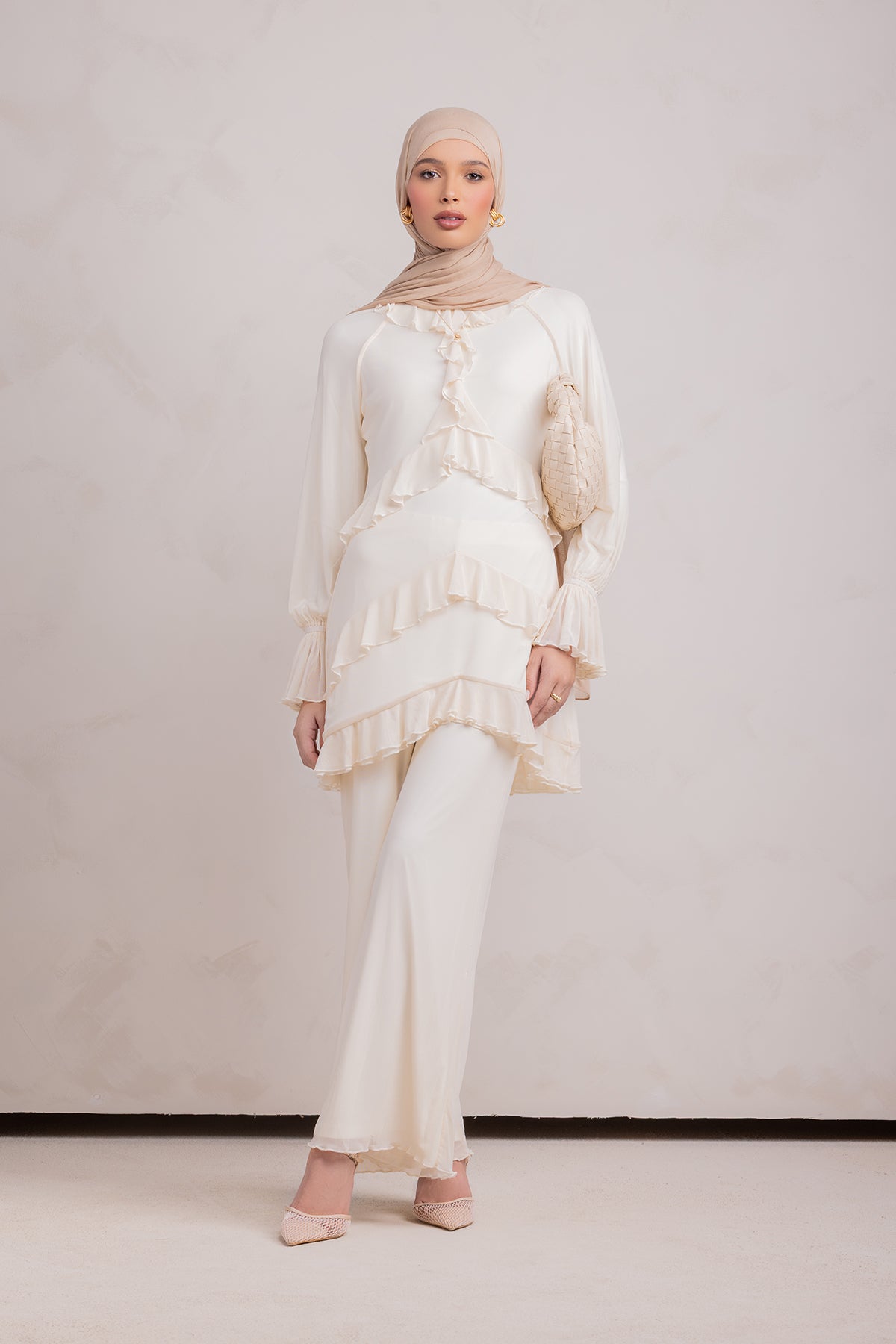 Layali Mesh Top & Pant Set- Off White