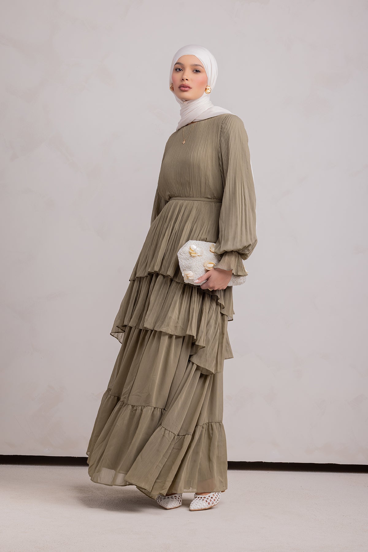 Dalia Pleated Ruffle Maxi Dress- Evergreen