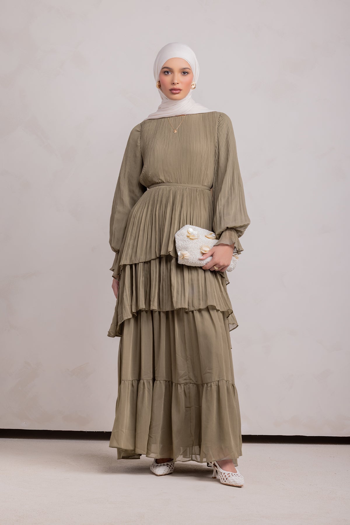 Dalia Pleated Ruffle Maxi Dress- Evergreen