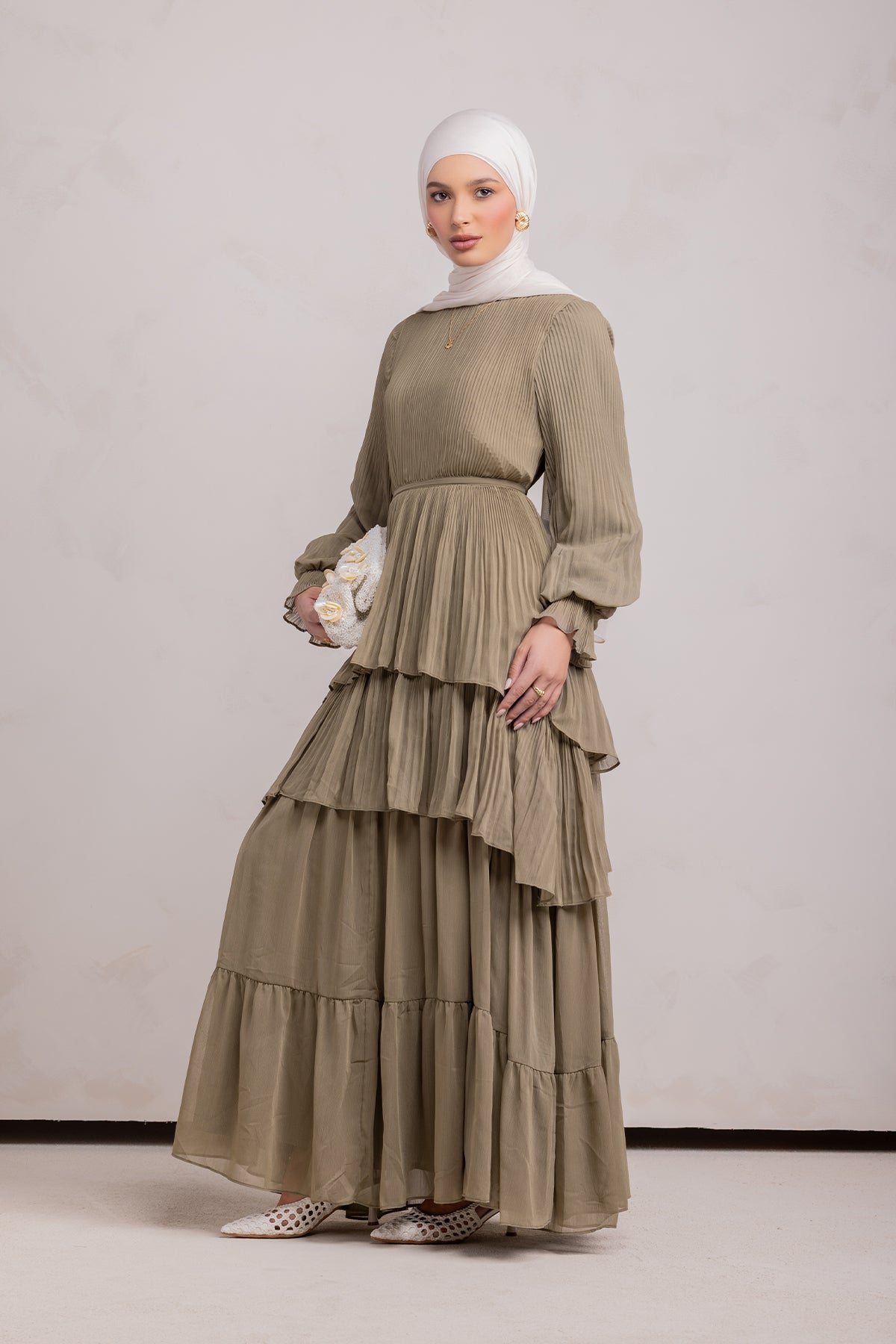 Dalia Pleated Ruffle Maxi Dress- Evergreen