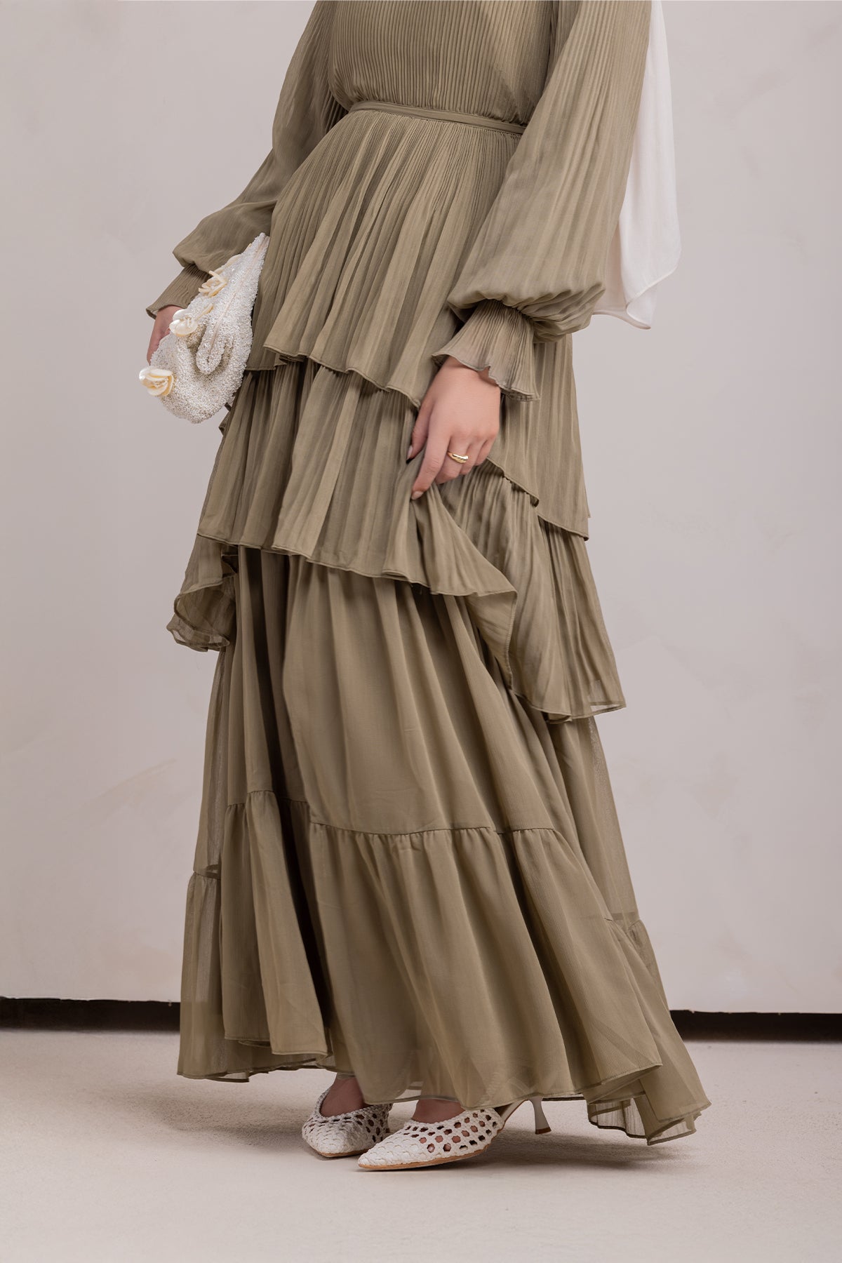 Dalia Pleated Ruffle Maxi Dress- Evergreen