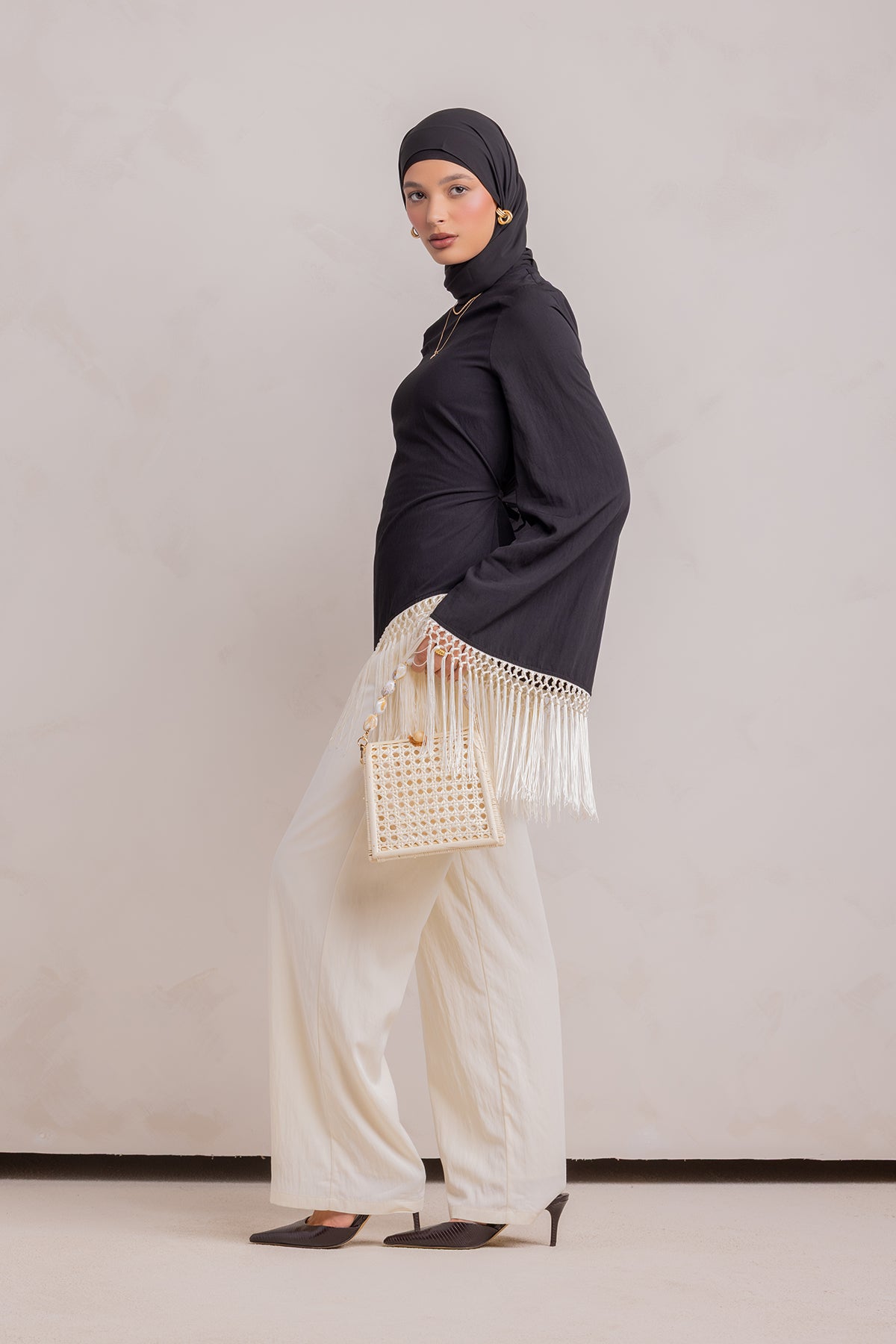 Batoul Fringe Tunic - Black