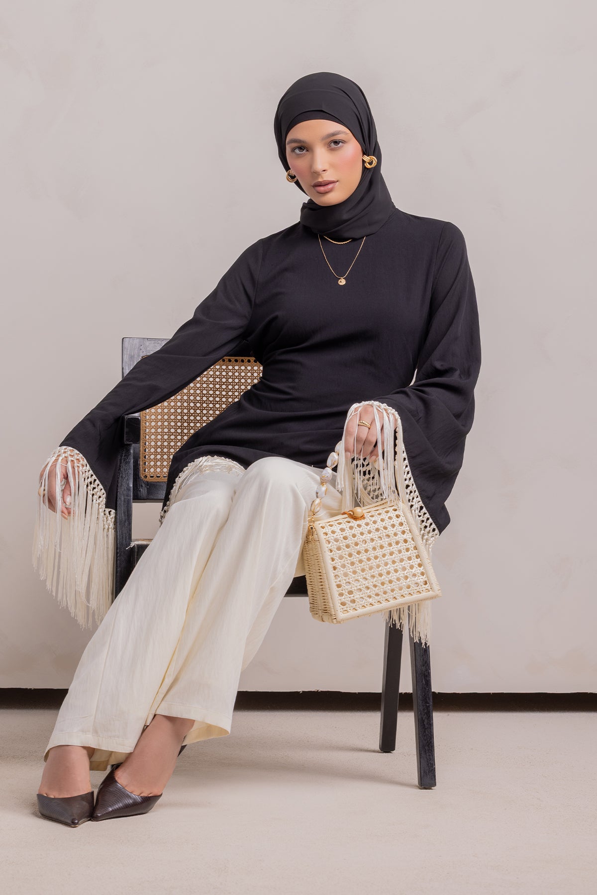 Batoul Fringe Tunic - Black