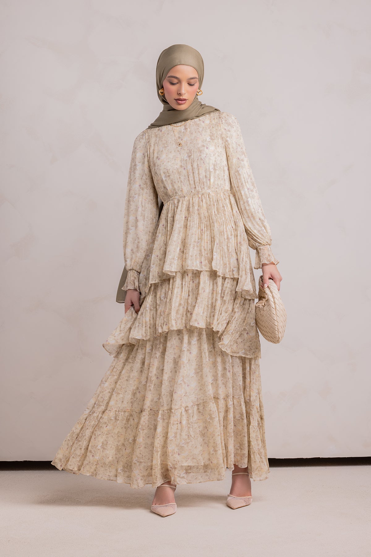 Dalia Pleated Ruffle Maxi Dress- Rosemary