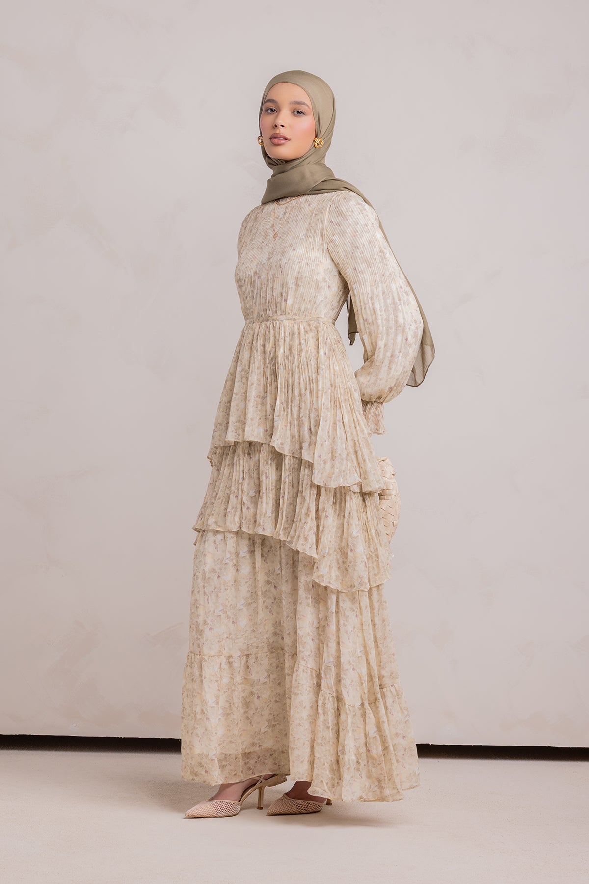 Dalia Pleated Ruffle Maxi Dress- Rosemary