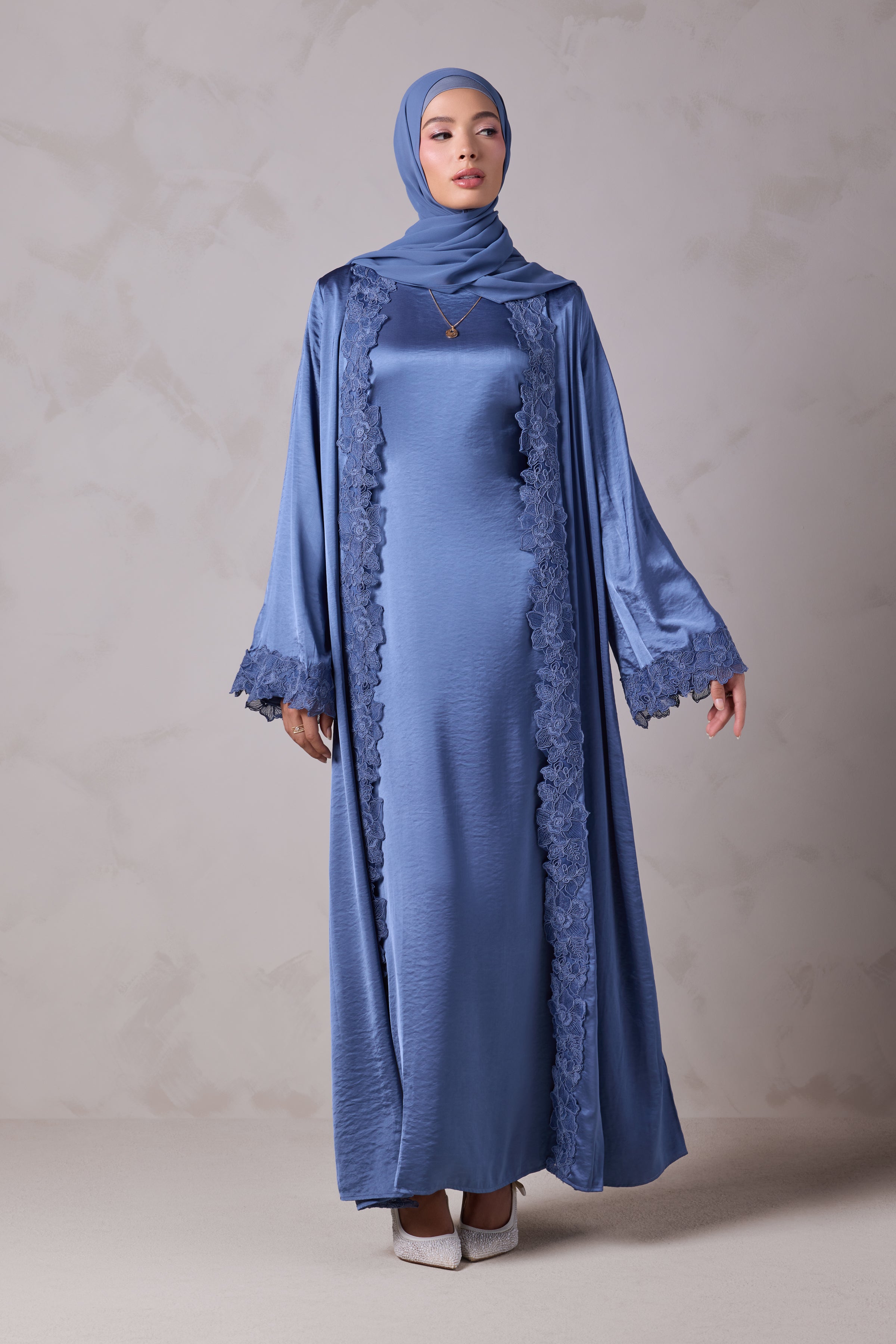 Amani Lace Trim Abaya & Hijab Set - Caspian
