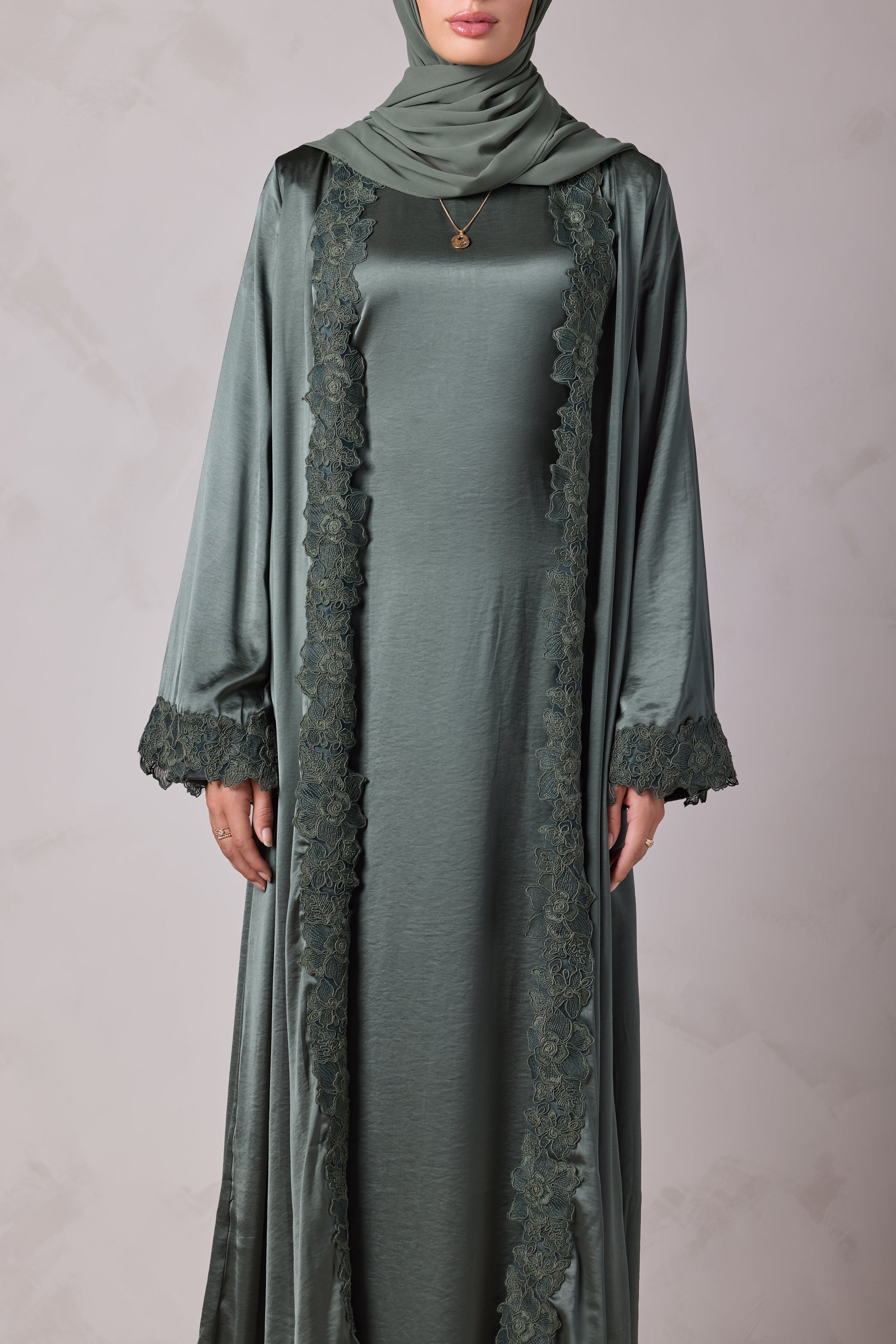 Amani Lace Trim Abaya & Hijab Set - Zaytoon