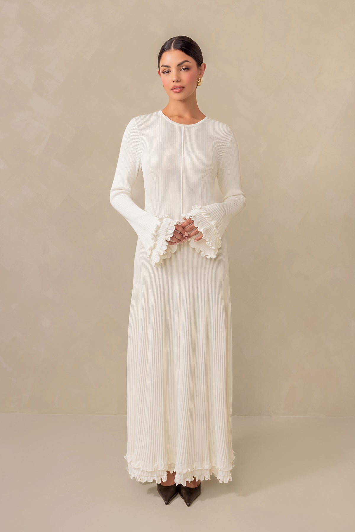 Isadora Ruffle Knit Maxi Dress Cream A Graceful Look for Ramadan and Eid