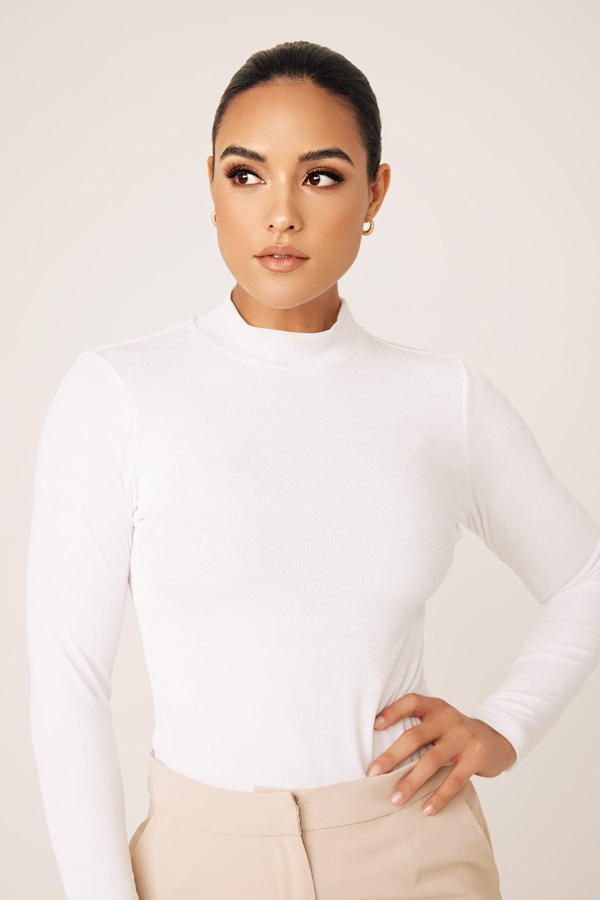Camile Long Sleeve Body Shirt- White - Zahraa The Label