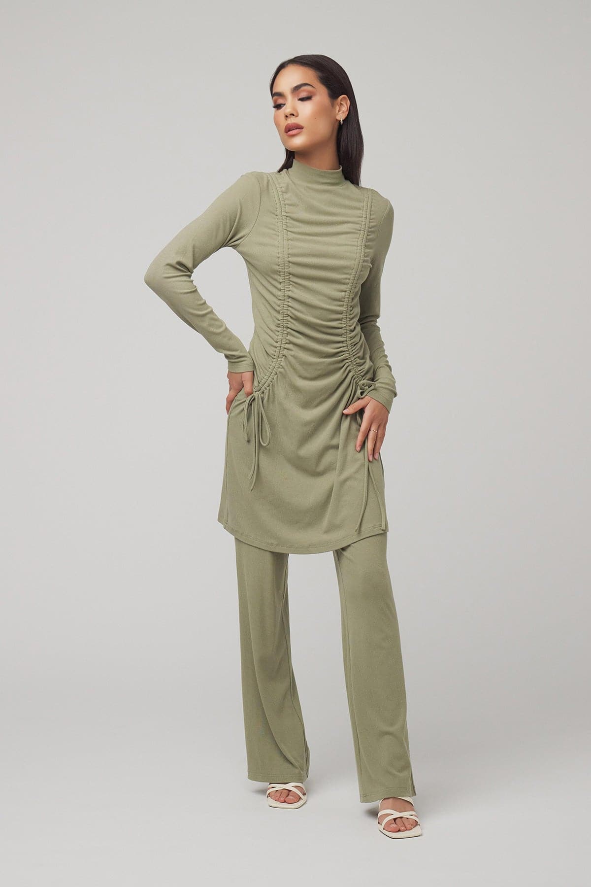 Israa Ribbed Ruched Matching Set - Sage Green - Zahraa The Label