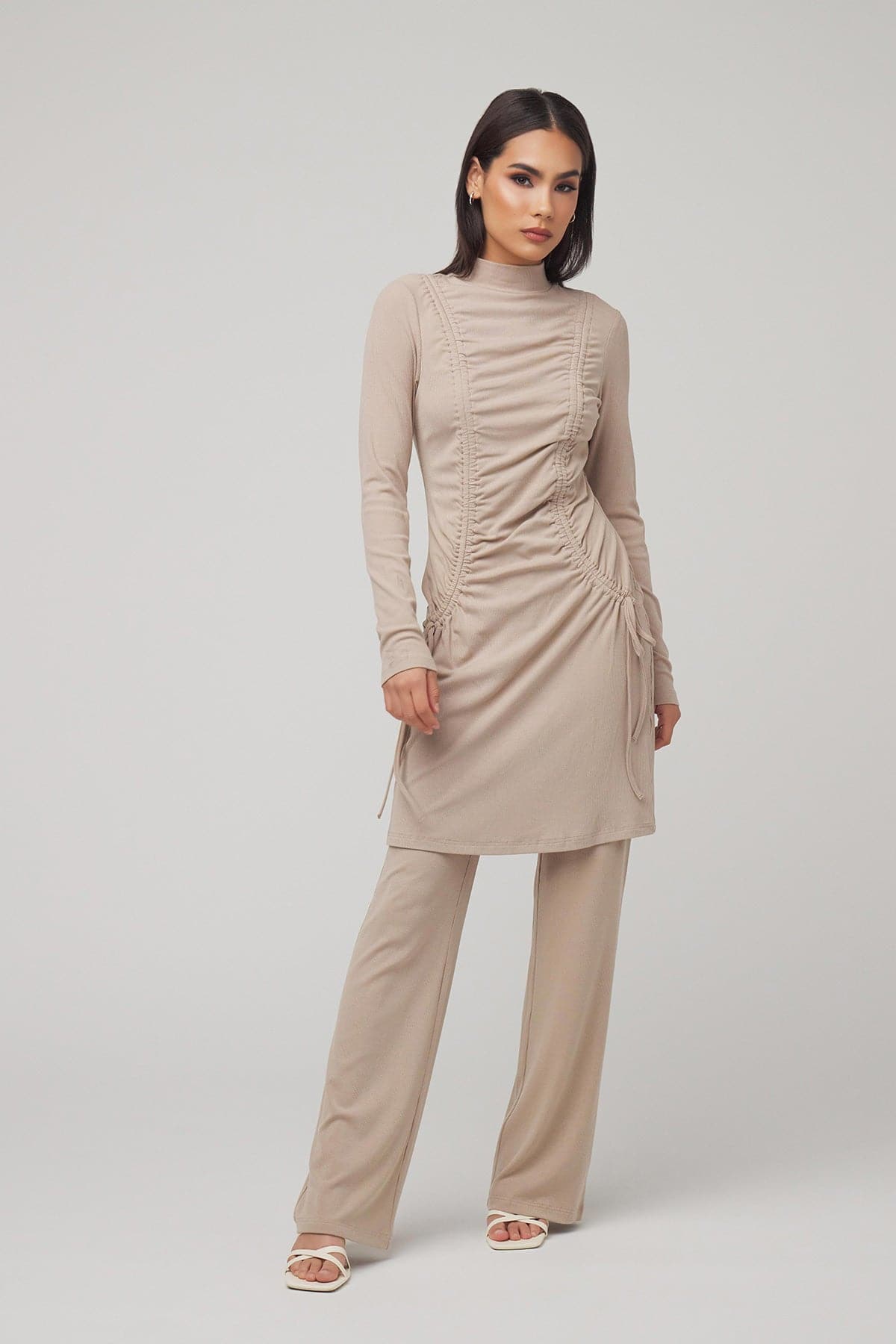 Israa Ribbed Ruched Matching Set - Sand - Zahraa The Label