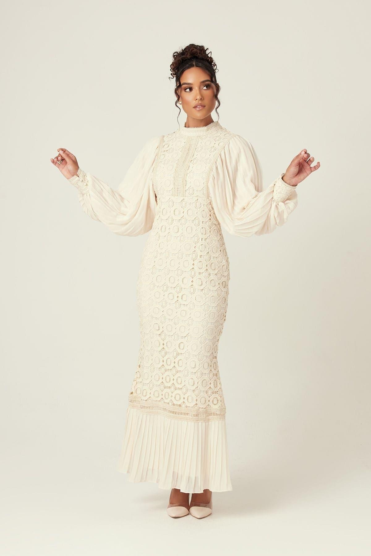 Nora Lace Pleated Chiffon Maxi Dress - Cream - Zahraa The Label