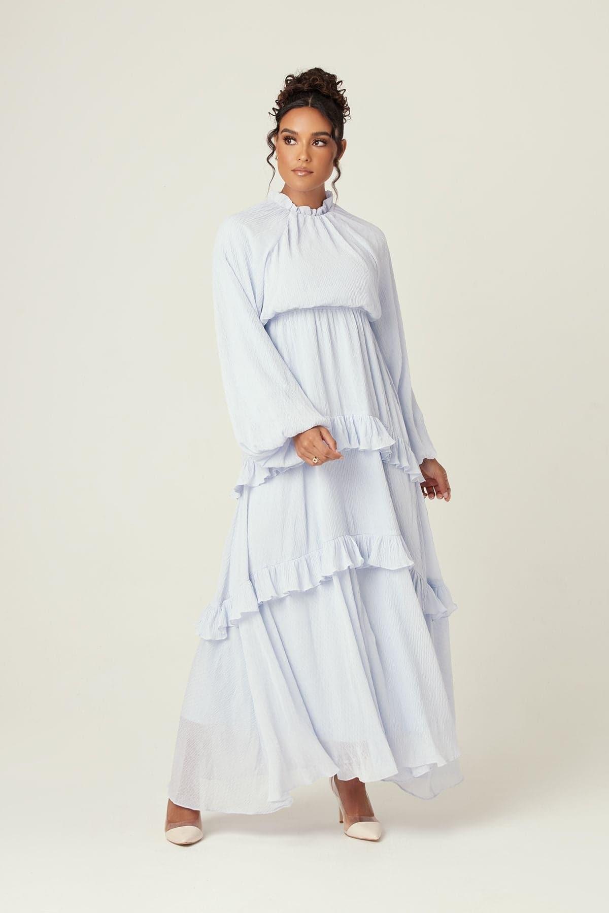 Rihanna Ruffled Smock Maxi Dress Sky Xs Zahraa The Label