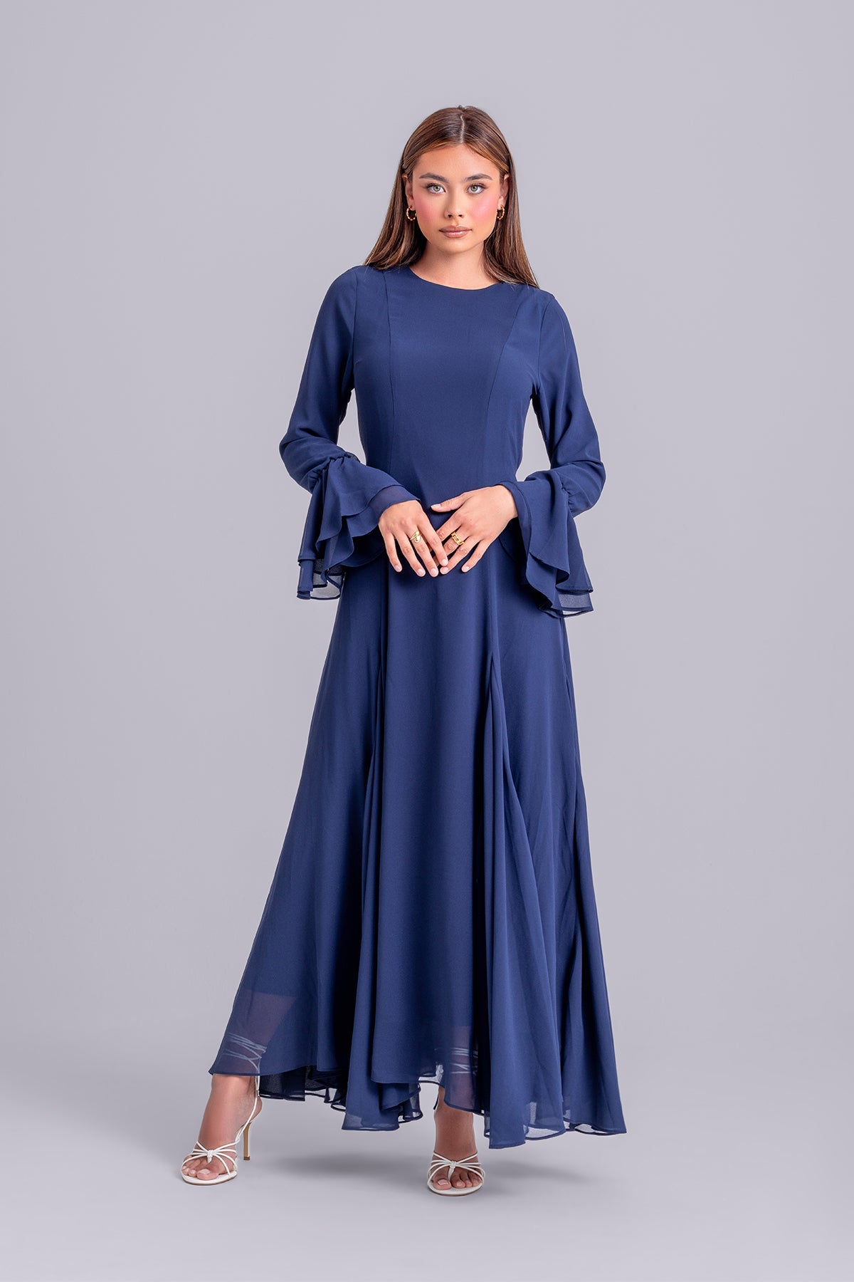 Dana Chiffon Ruffle Maxi Dress- Navy – Zahraa The Label