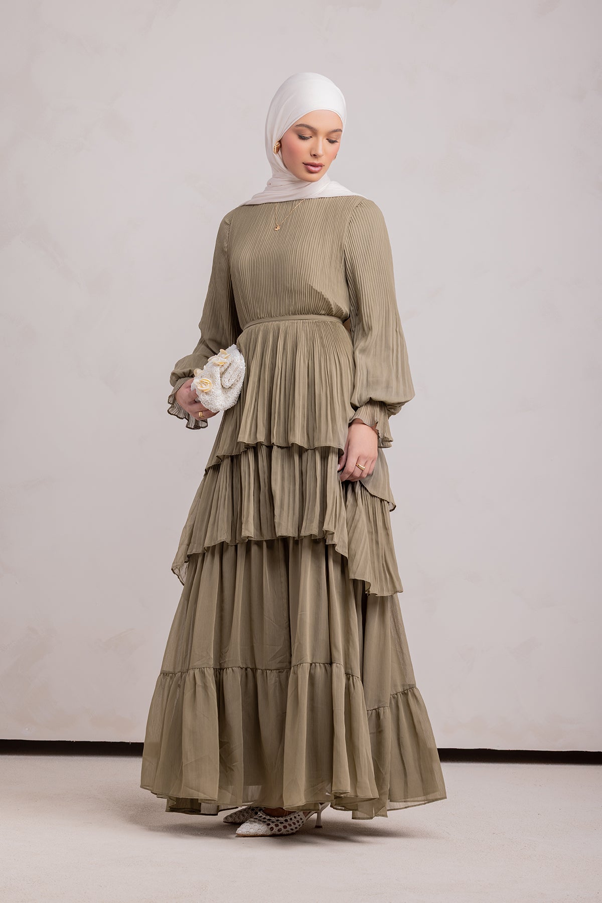 Dalia Pleated Ruffle Maxi Dress- Evergreen