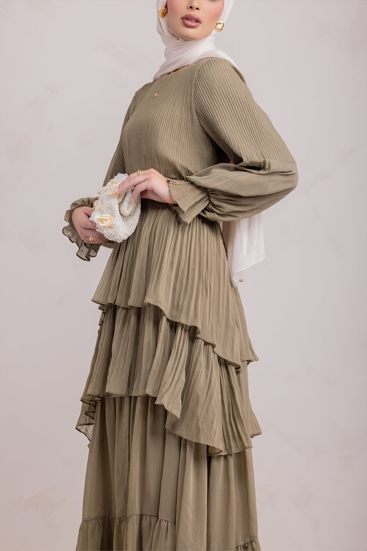 Dalia Pleated Ruffle Maxi Dress- Evergreen