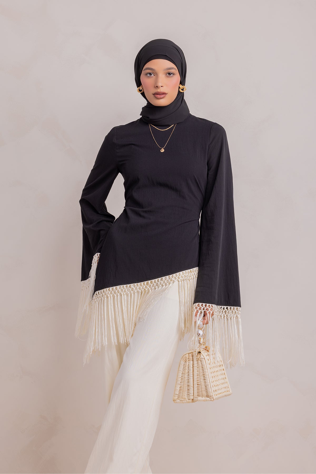 Batoul Fringe Tunic - Black