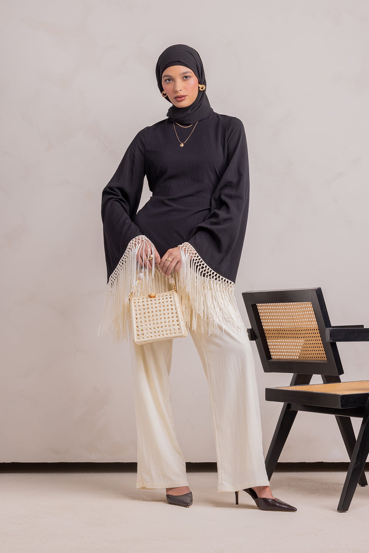 Batoul Fringe Tunic - Black