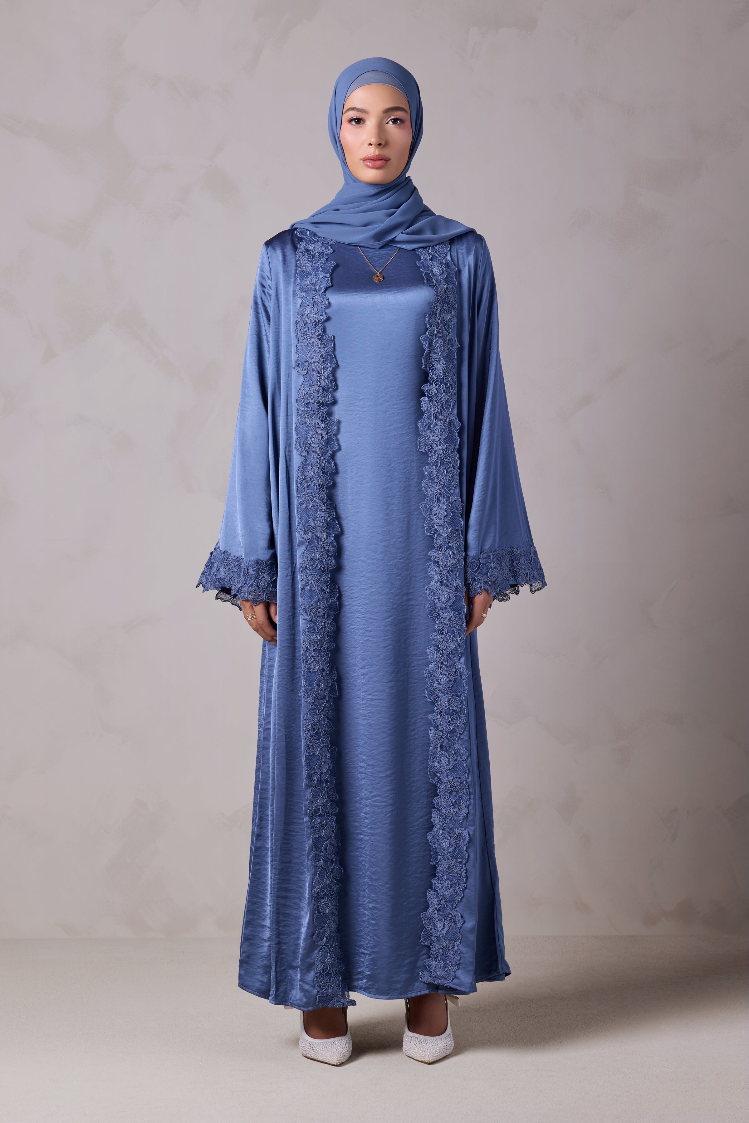 Amani Lace Trim Abaya & Hijab Set - Caspian