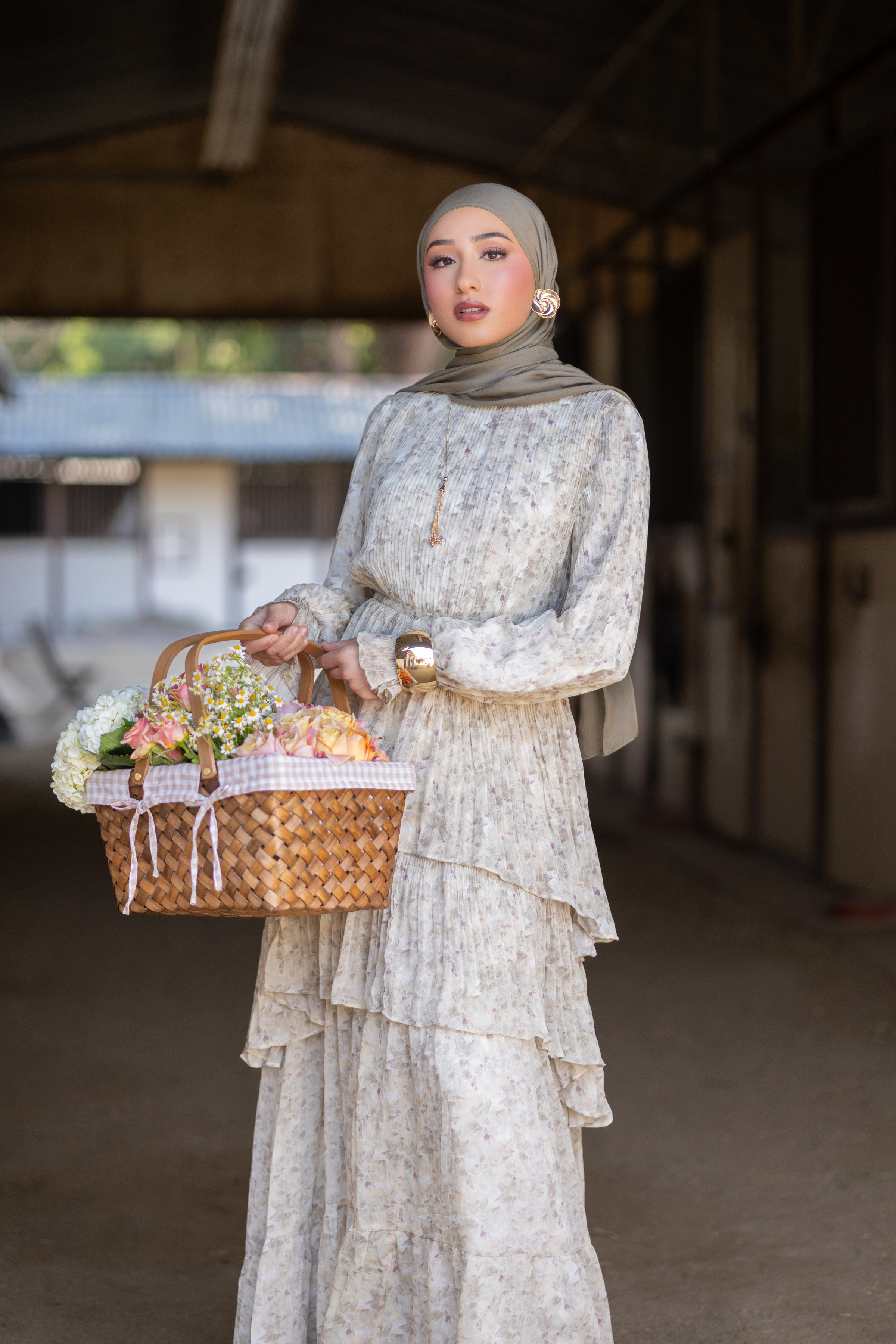 Dalia Pleated Ruffle Maxi Dress- Rosemary