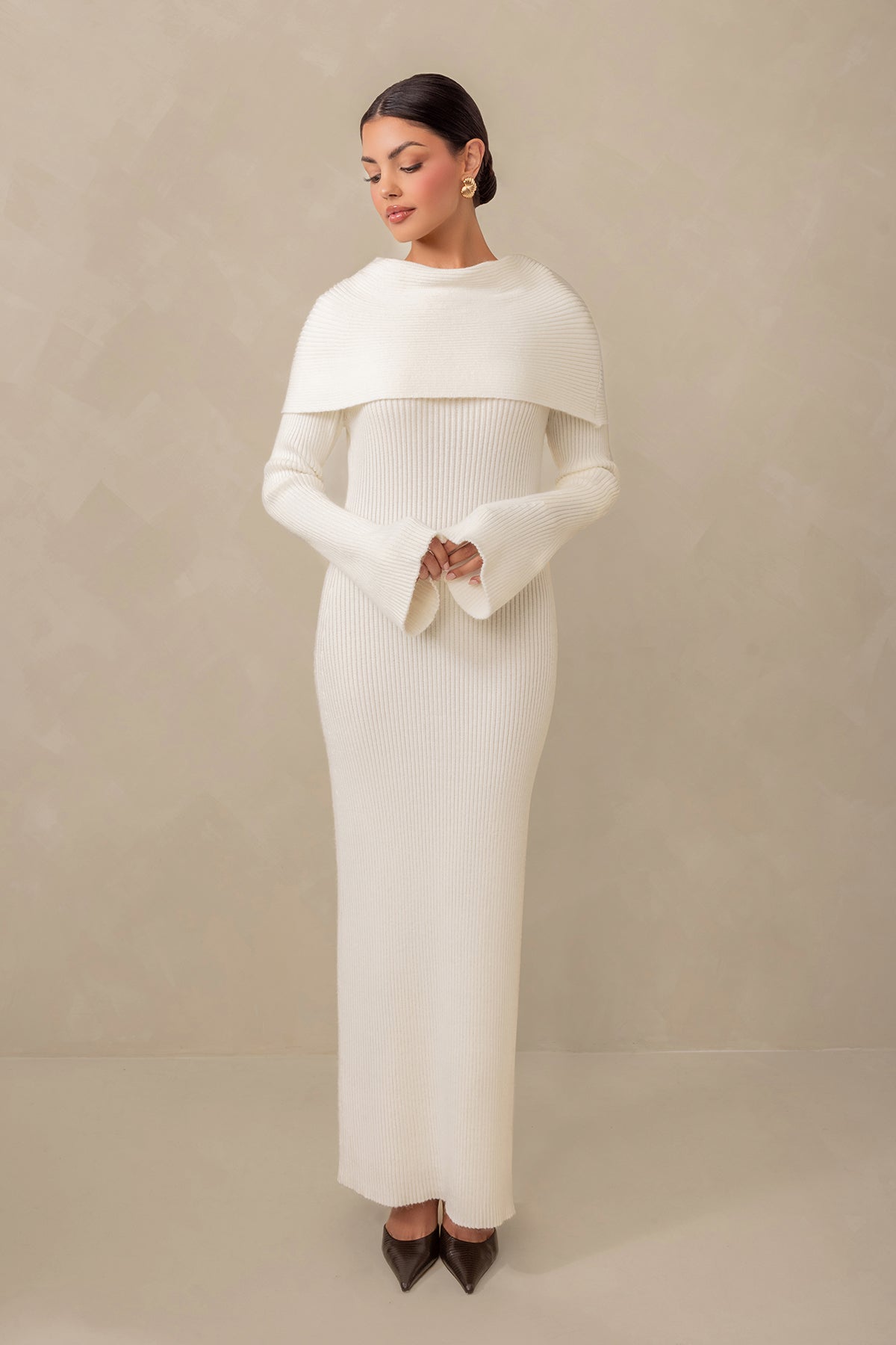 Cassandra Over the Shoulder Knit Dress - Cream – Zahraa The