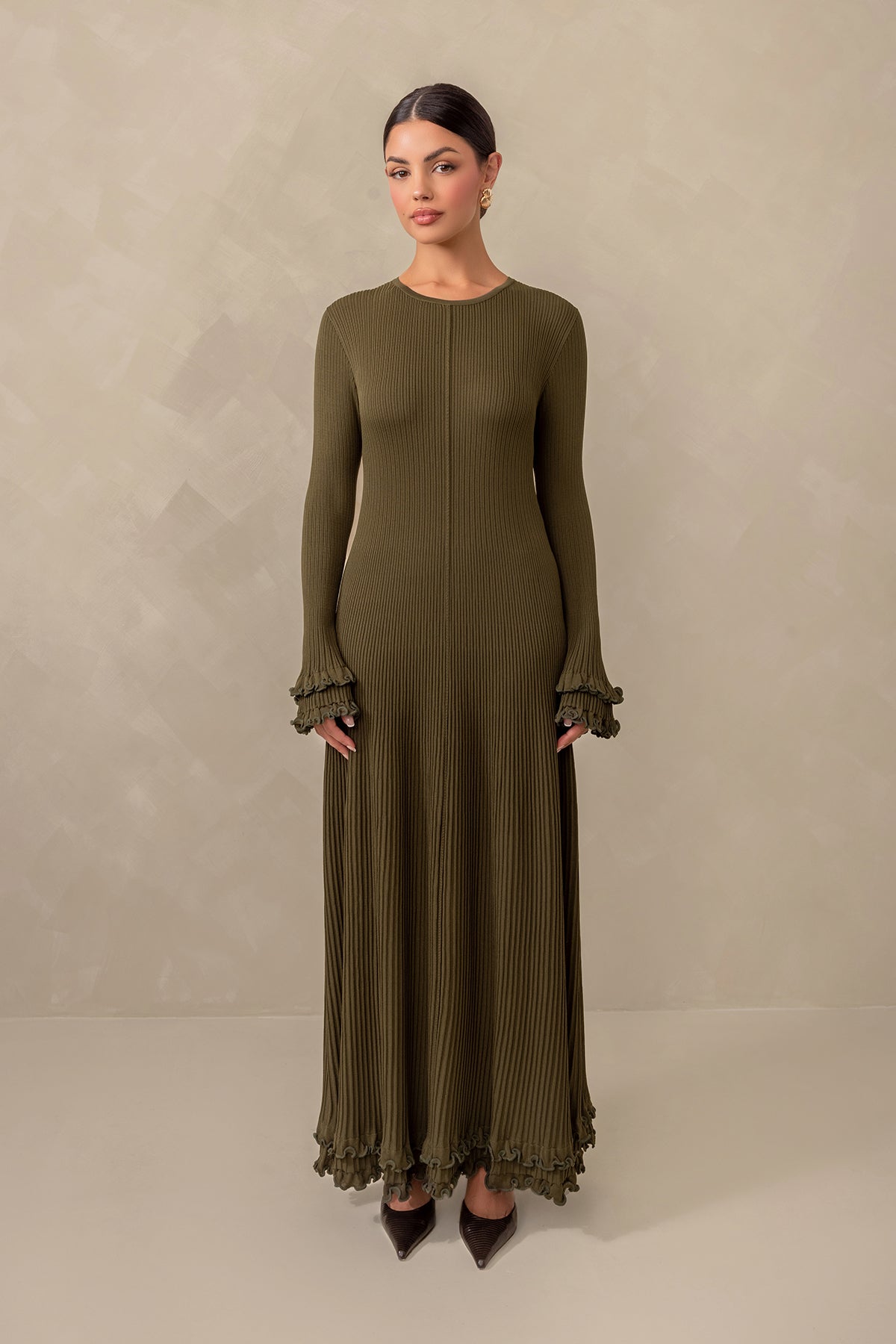 Embrace Elegance with the Isadora Ruffle Knit Maxi Dress in Olive
