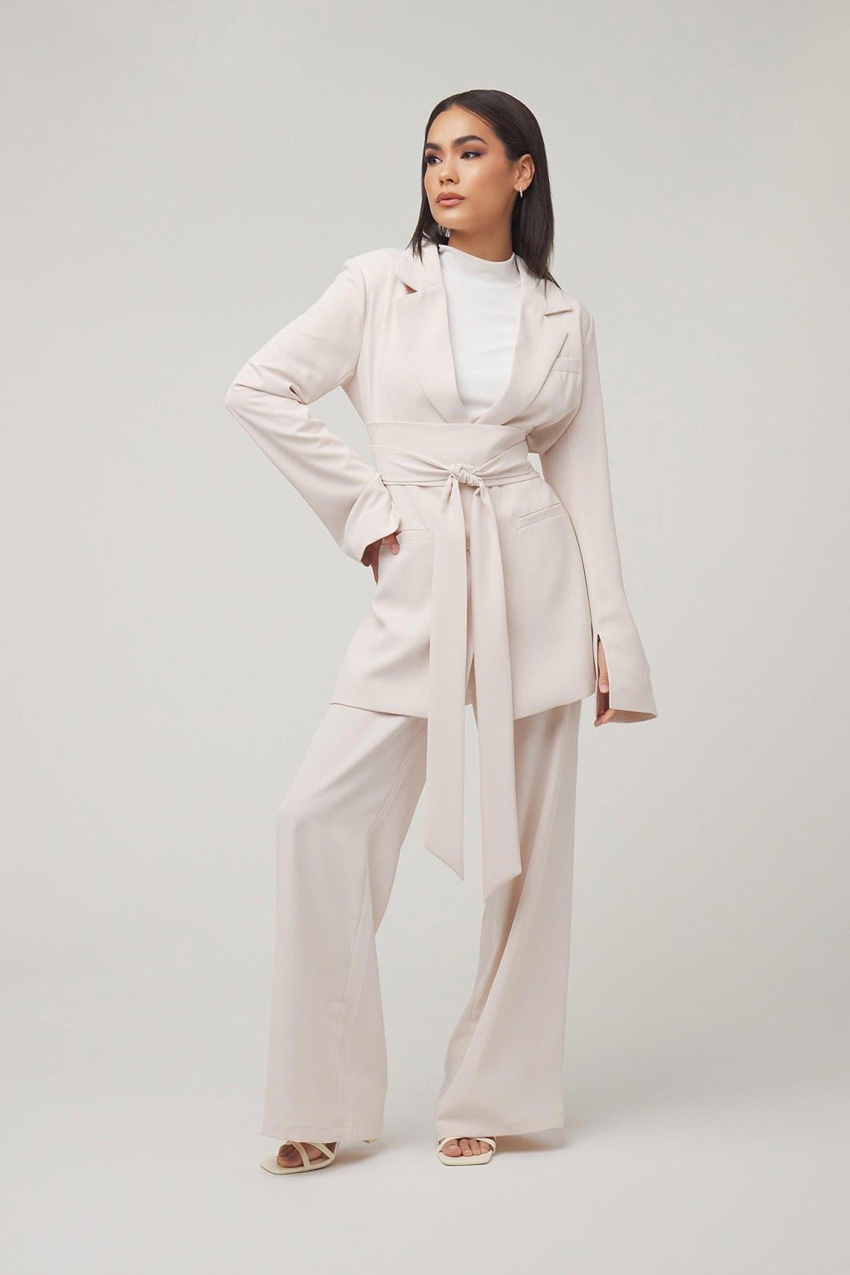 Carolina Tie Waist Blazer - Fog - Zahraa The Label