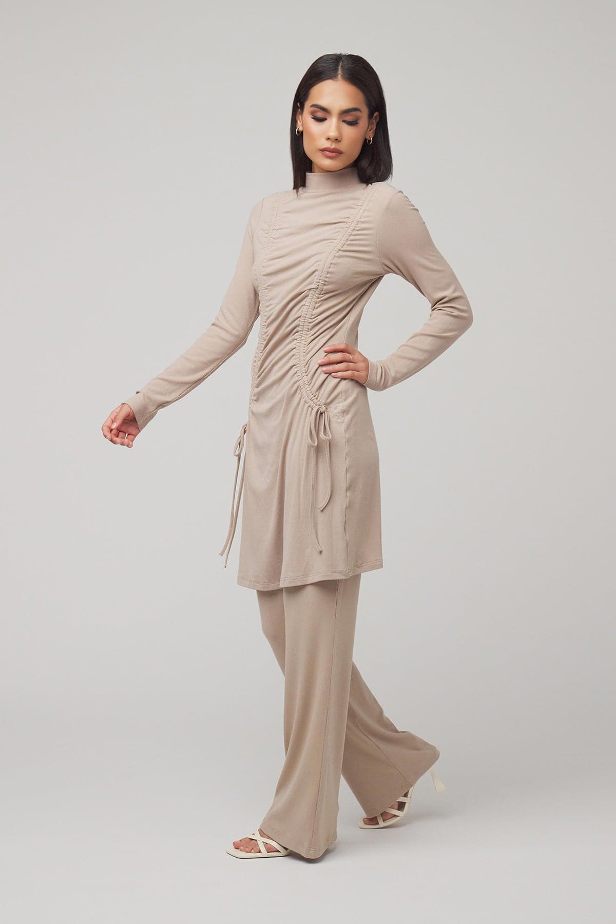 Israa Ribbed Ruched Matching Set - Sand - Zahraa The Label