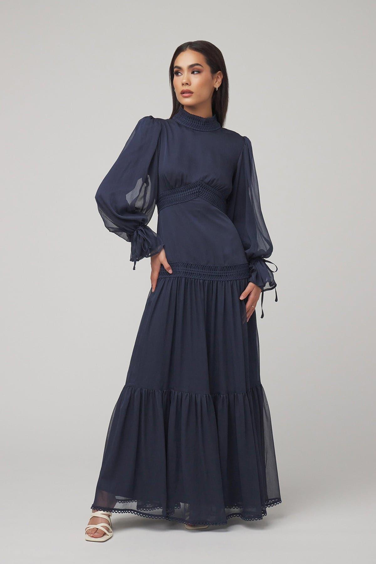 Loren Lace Chiffon Maxi Dress- Denim - Zahraa The Label