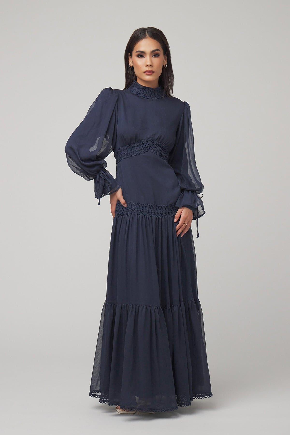 Loren Lace Chiffon Maxi Dress- Denim - Zahraa The Label