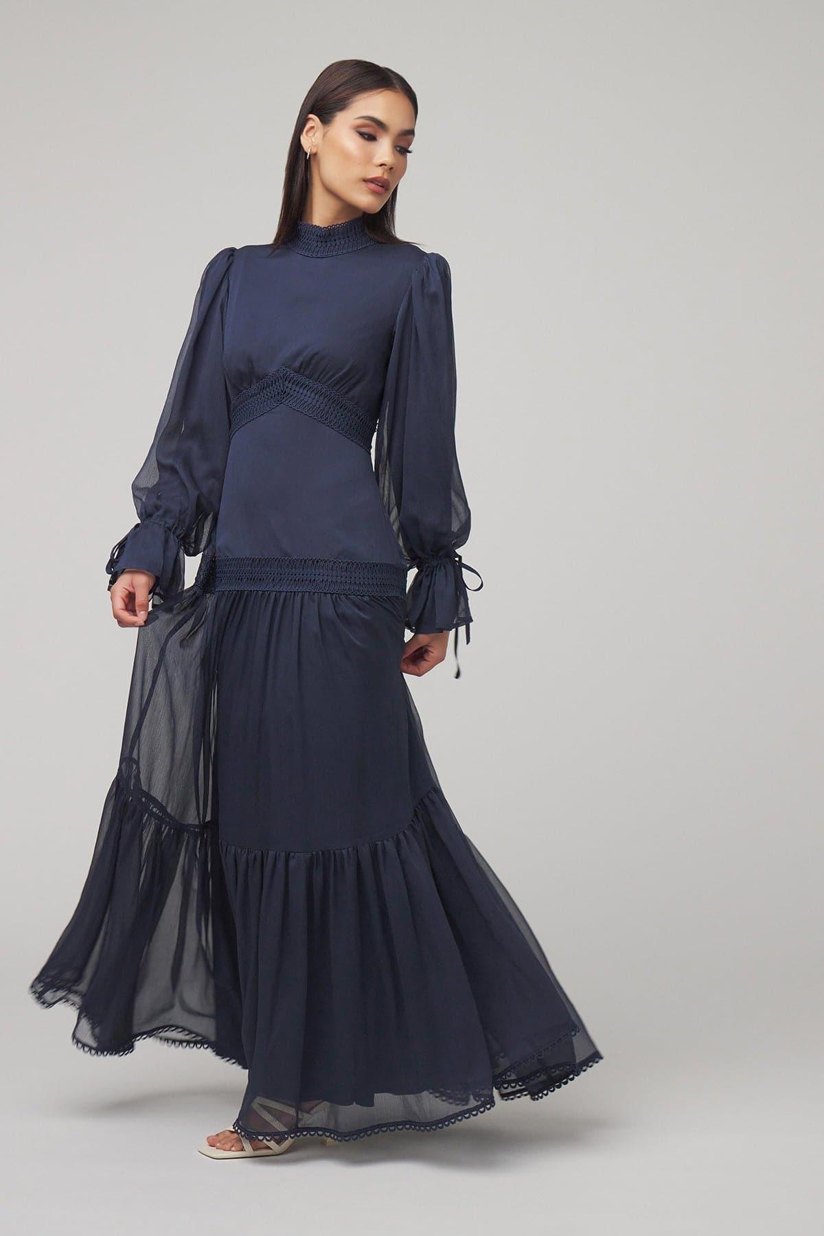 Loren Lace Chiffon Maxi Dress- Denim - Zahraa The Label