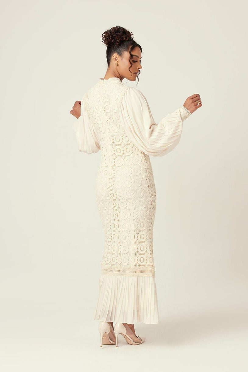 Nora Lace Pleated Chiffon Maxi Dress - Cream  Zahraa The Label