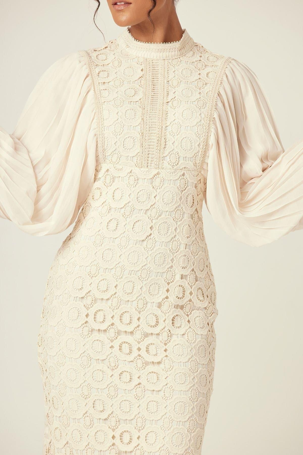 Nora Lace Pleated Chiffon Maxi Dress - Cream - Zahraa The Label