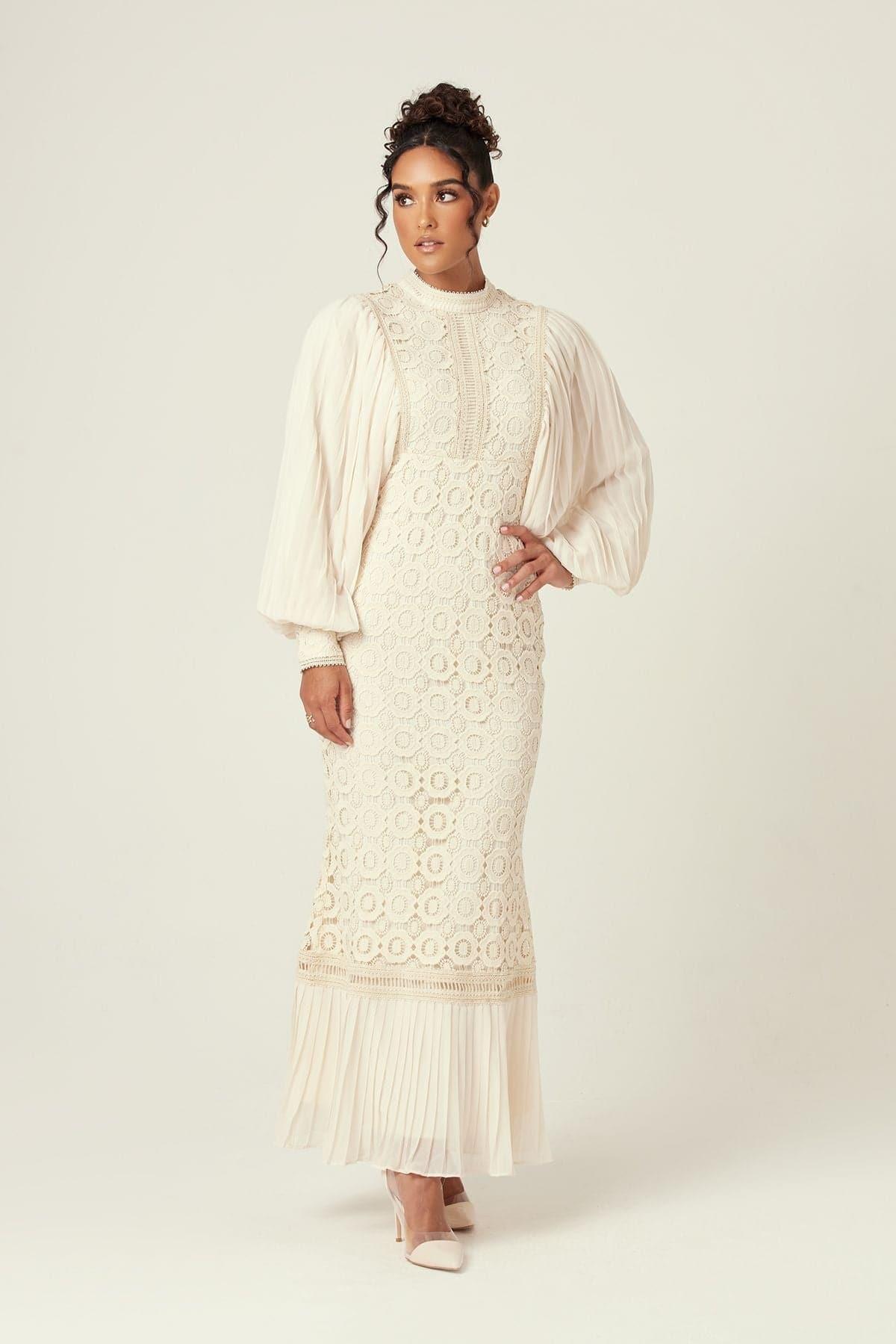 Nora Lace Pleated Chiffon Maxi Dress - Cream - Zahraa The Label