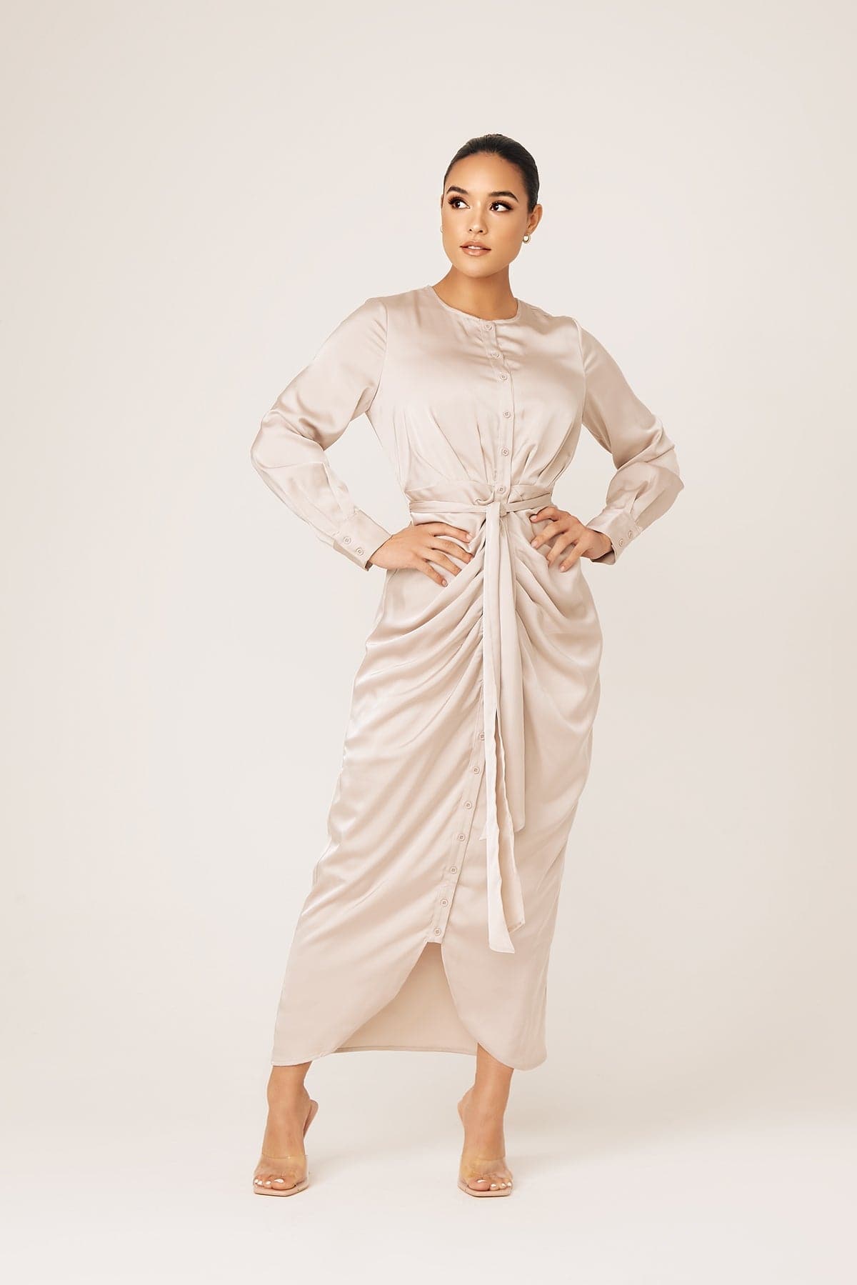 Thalia Ruched Tie Maxi Dress- Sahara - Zahraa The Label